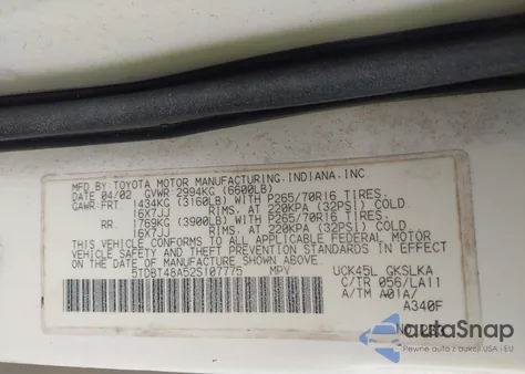 2002 Toyota Sequoia Limited V8 z USA, uszkodzony, nr VIN 5TDBT48A52S107775